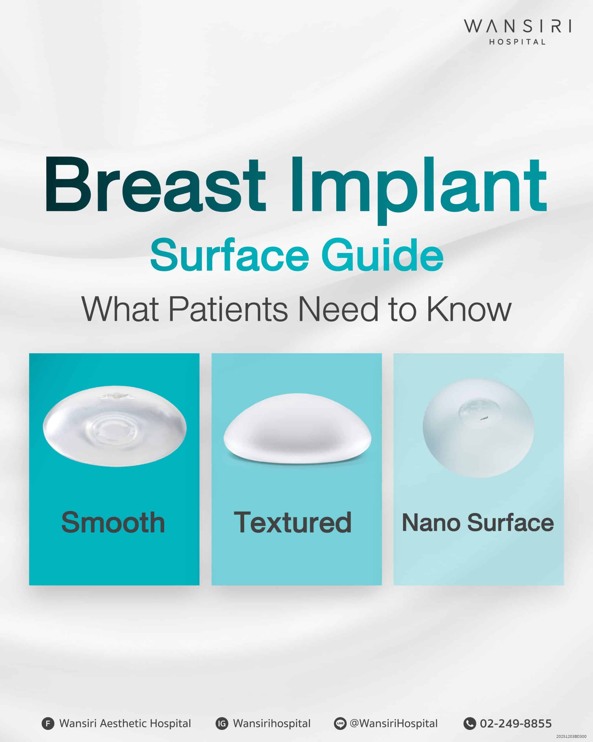 Breast implant surface guide infographic from Wansiri Hospital showing three surface types: smooth, textured, and nano surface