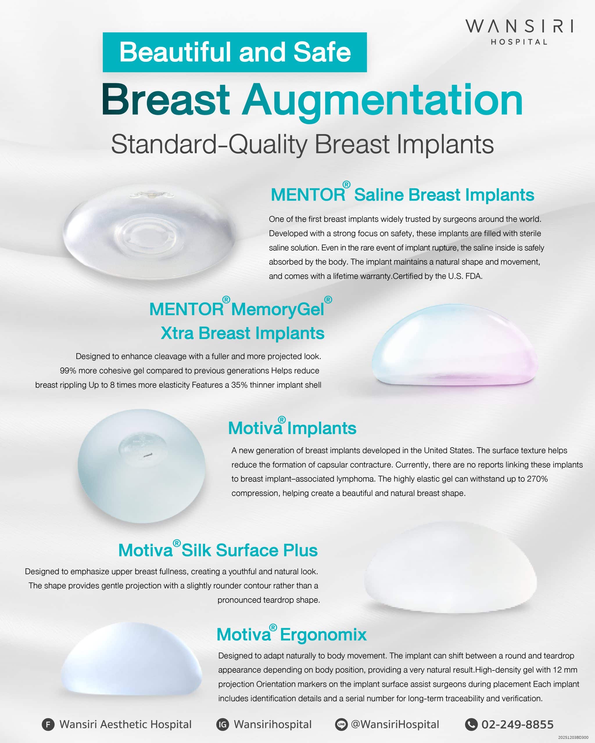Wansiri Hospital breast augmentation guide featuring five implant options: MENTOR Saline, MENTOR MemoryGel Xtra, Motiva, Motiva Silk Surface Plus, and Motiva Ergonomix, with descriptions of each